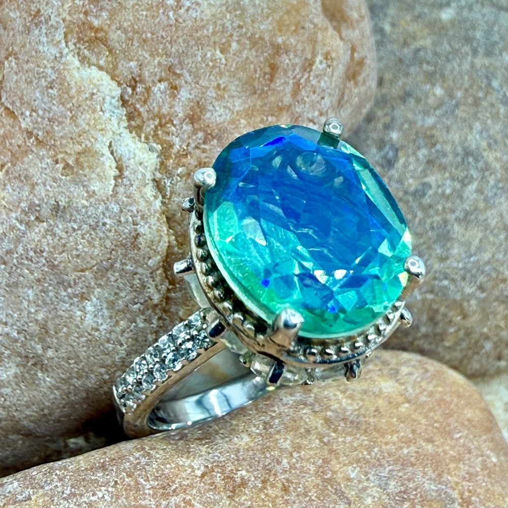 Peacock Quartz Triplet 7.90ctw Platinum Over 925 Sz 7 Ring - Picture 16 of 17